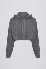Terry Cotton Zip-Up Cropped Hoodie in Dark Grey