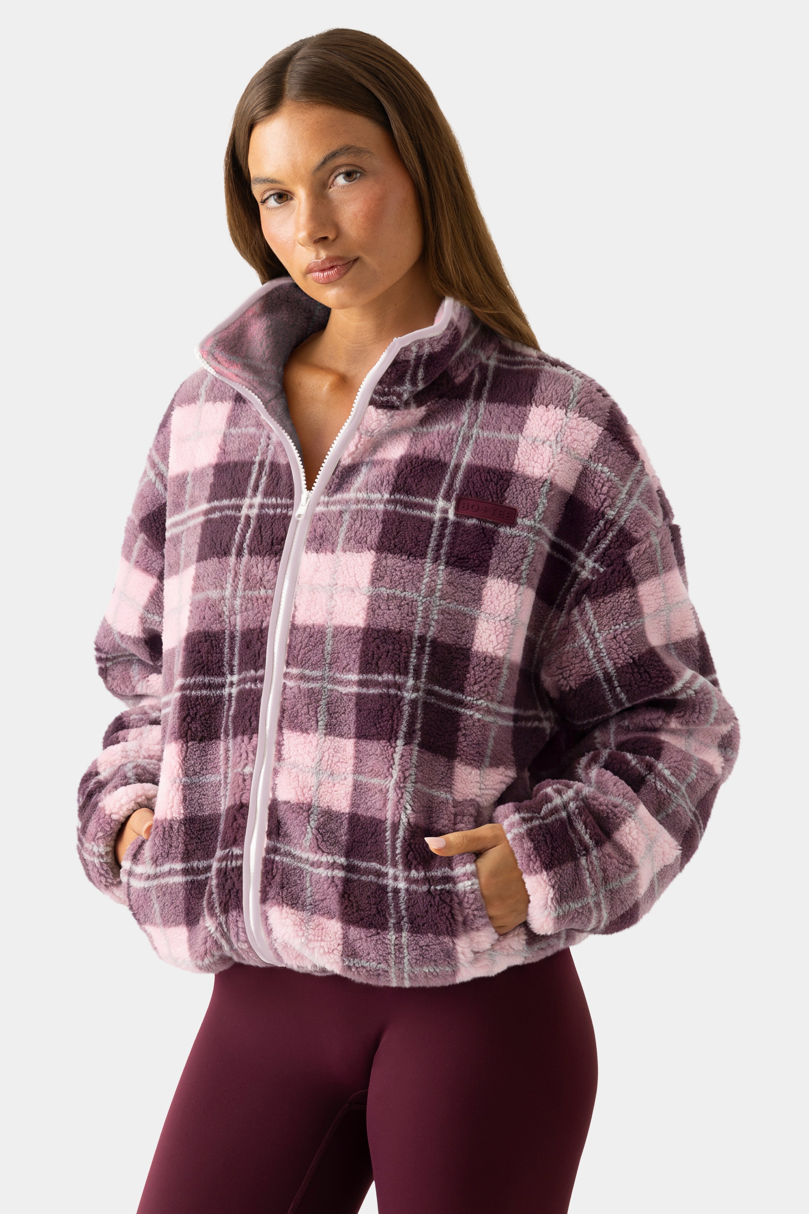 Oversized Zip-Up Fleece in Burgundy Plaid