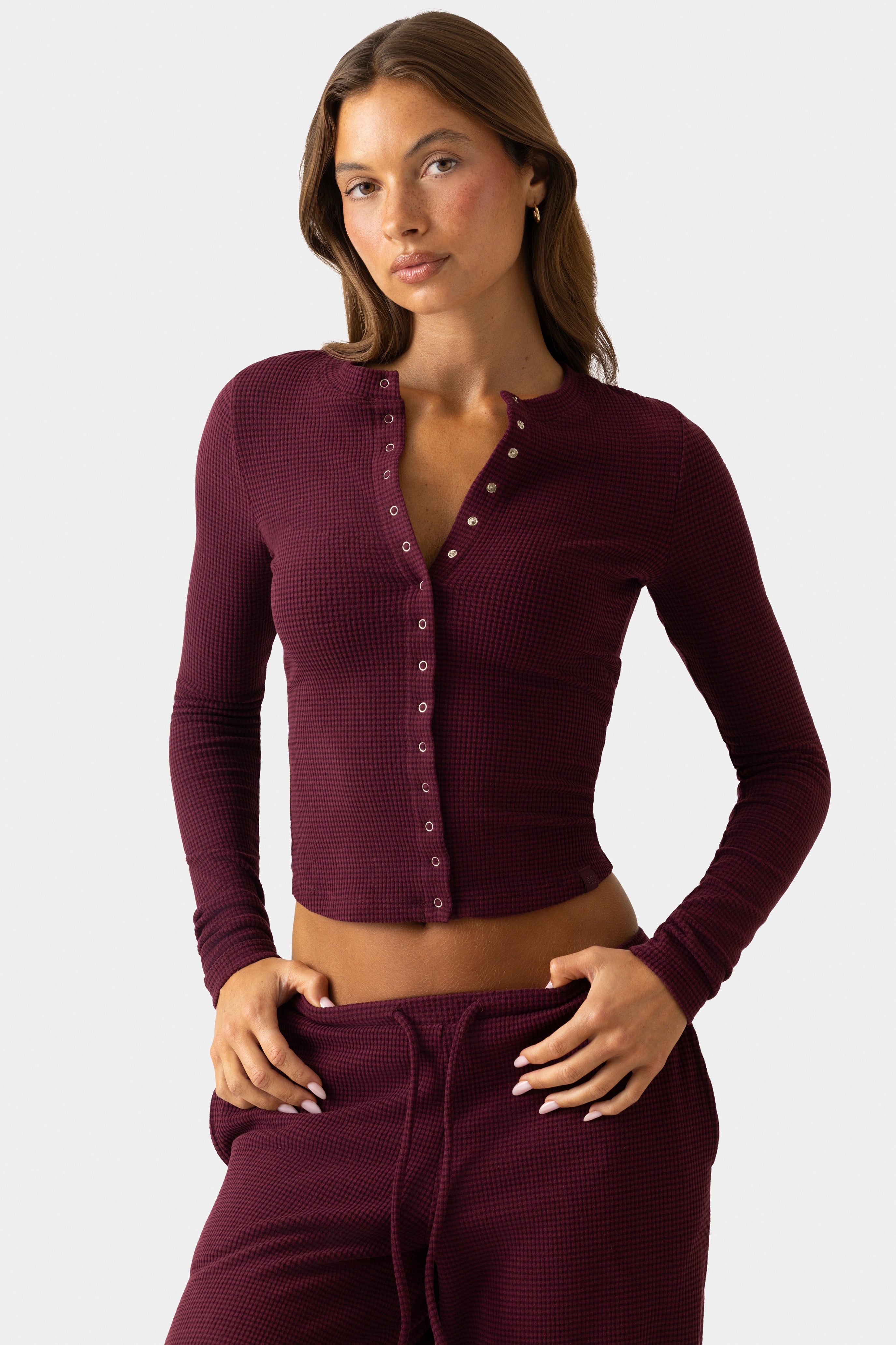 Ribbed Jersey Crewneck Cardigan in Burgundy