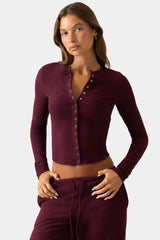 Ribbed Jersey Crewneck Cardigan in Burgundy