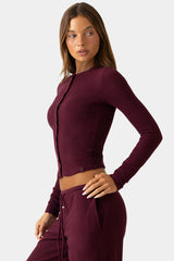 Ribbed Jersey Crewneck Cardigan in Burgundy