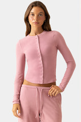 Ribbed Jersey Crewneck Cardigan in Mauve
