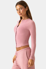Ribbed Jersey Crewneck Cardigan in Mauve