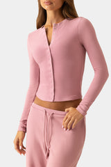 Ribbed Jersey Crewneck Cardigan in Mauve
