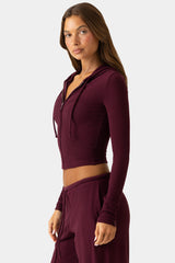 Ribbed Jersey Cropped Hoodie in Burgundy