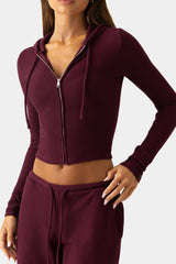 Ribbed Jersey Cropped Hoodie in Burgundy