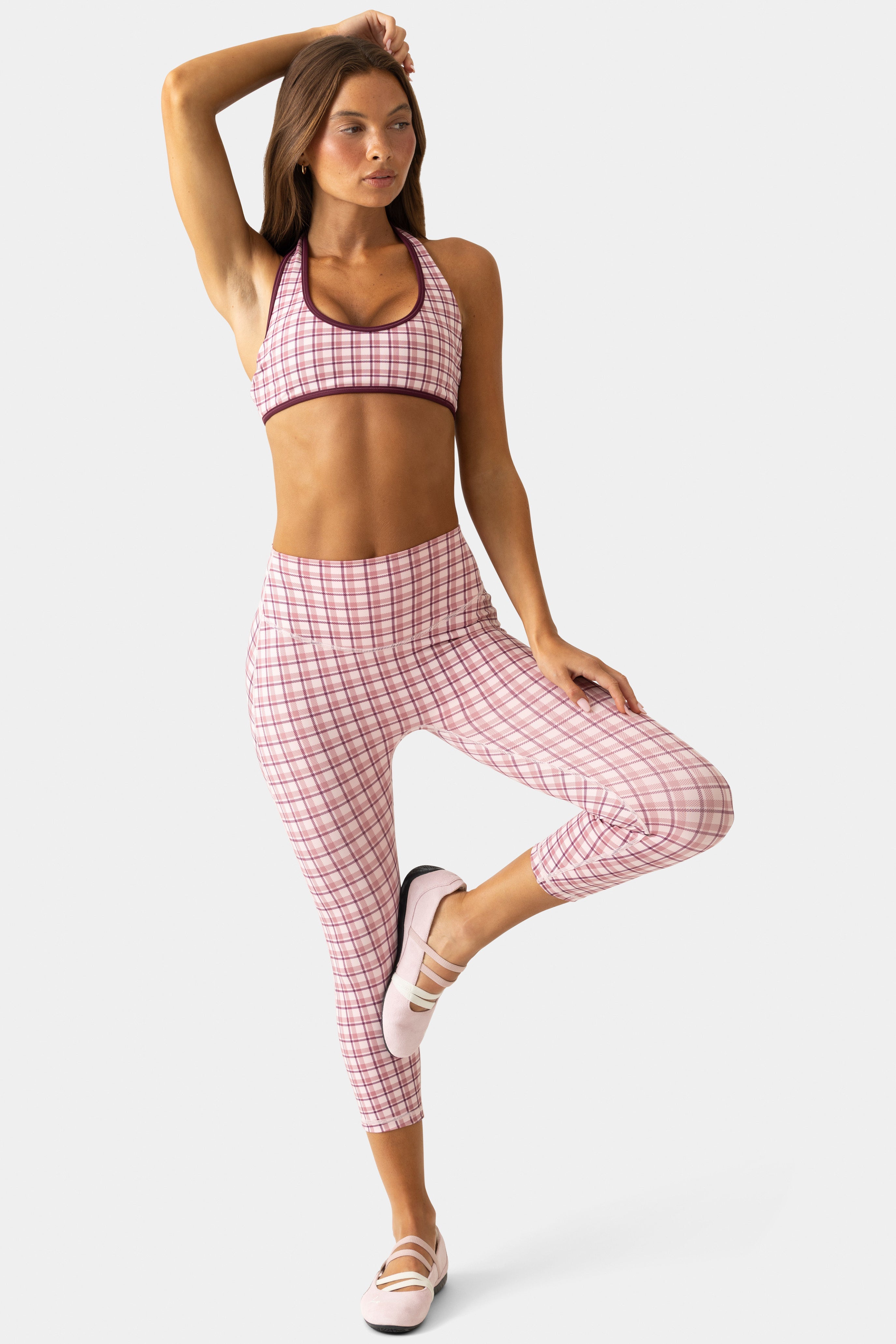 Soft Active Capri Leggings in Mauve Plaid