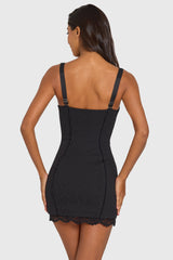 Ponte Lace-Trim Peekaboo Mini Dress in Black Pinstripe