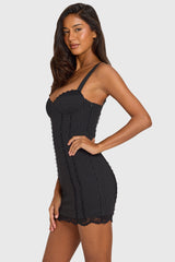 Ponte Lace-Trim Peekaboo Mini Dress in Black Pinstripe