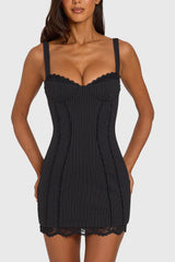 Ponte Lace-Trim Peekaboo Mini Dress in Black Pinstripe