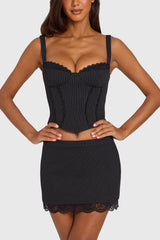 Ponte Lace-Trim Mini Skirt in Black Pinstripe
