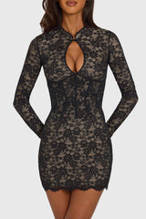 Lace Cut-Out Long-Sleeve Mini Dress in Black