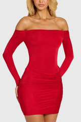 Off-Shoulder Long-Sleeve Mini Dress in Cherry Red