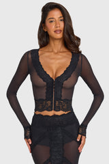 Placed Lace-Trim Cropped Cardigan in Black