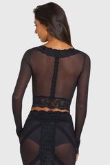 Placed Lace-Trim Cropped Cardigan in Black