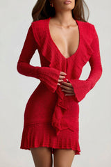 Ruffle-Trim Pointelle-Knit Mini Dress in Cherry