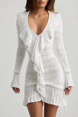 Ruffle-Trim Pointelle-Knit Mini Dress in Coconut