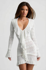 Ruffle-Trim Pointelle-Knit Mini Dress in Coconut