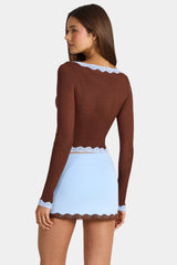 Lace-Trim Cropped Cardigan in Cocoa Brown