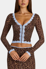 Lace-Trim Cropped Cardigan in Leopard