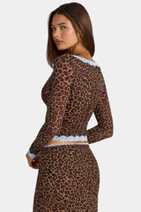 Lace-Trim Cropped Cardigan in Leopard