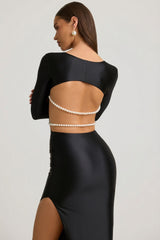 Pearl-Detail Cut-Out Maxi Dress in Black