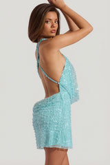 Embellished Cowl-Neck Backless Mini Dress in Aquamarine