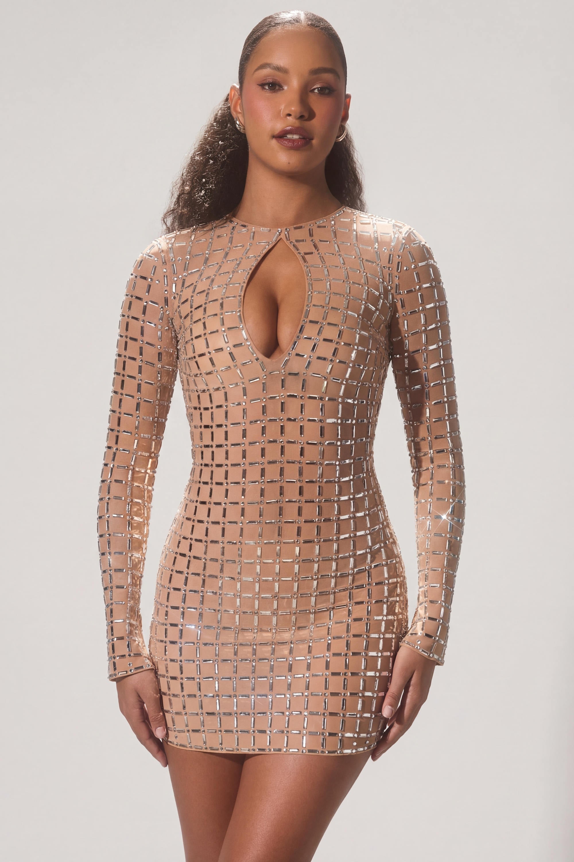 Embellished Semi-Sheer Cut-Out Mini Dress in Honey
