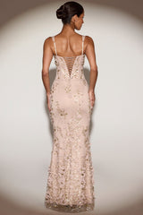 Embellished Appliqué Soft-Scoop Corset Gown in Sand