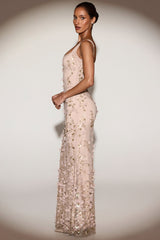 Embellished Appliqué Soft-Scoop Corset Gown in Sand