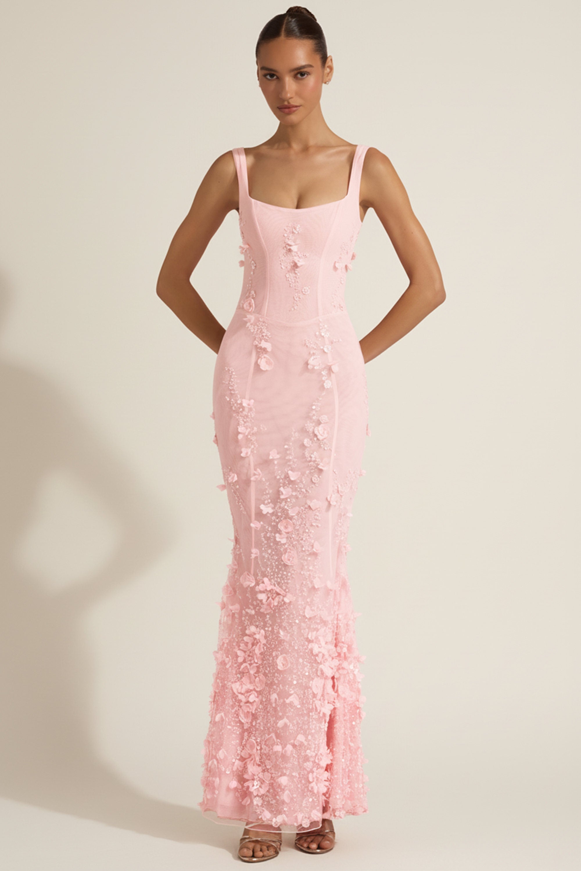 Embellished Appliqué Soft-Scoop Corset Gown in Peony
