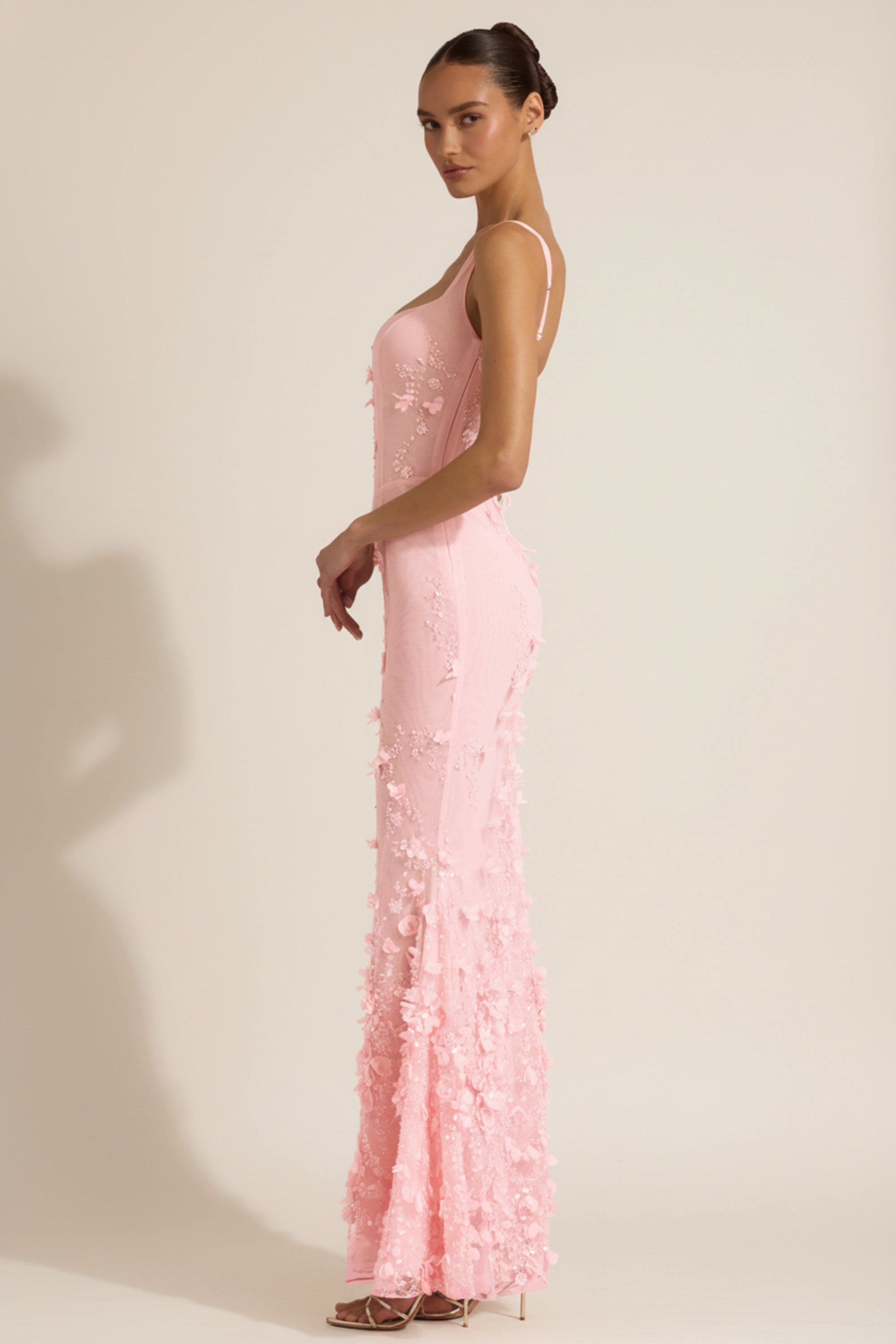 Embellished Appliqué Soft-Scoop Corset Gown in Peony