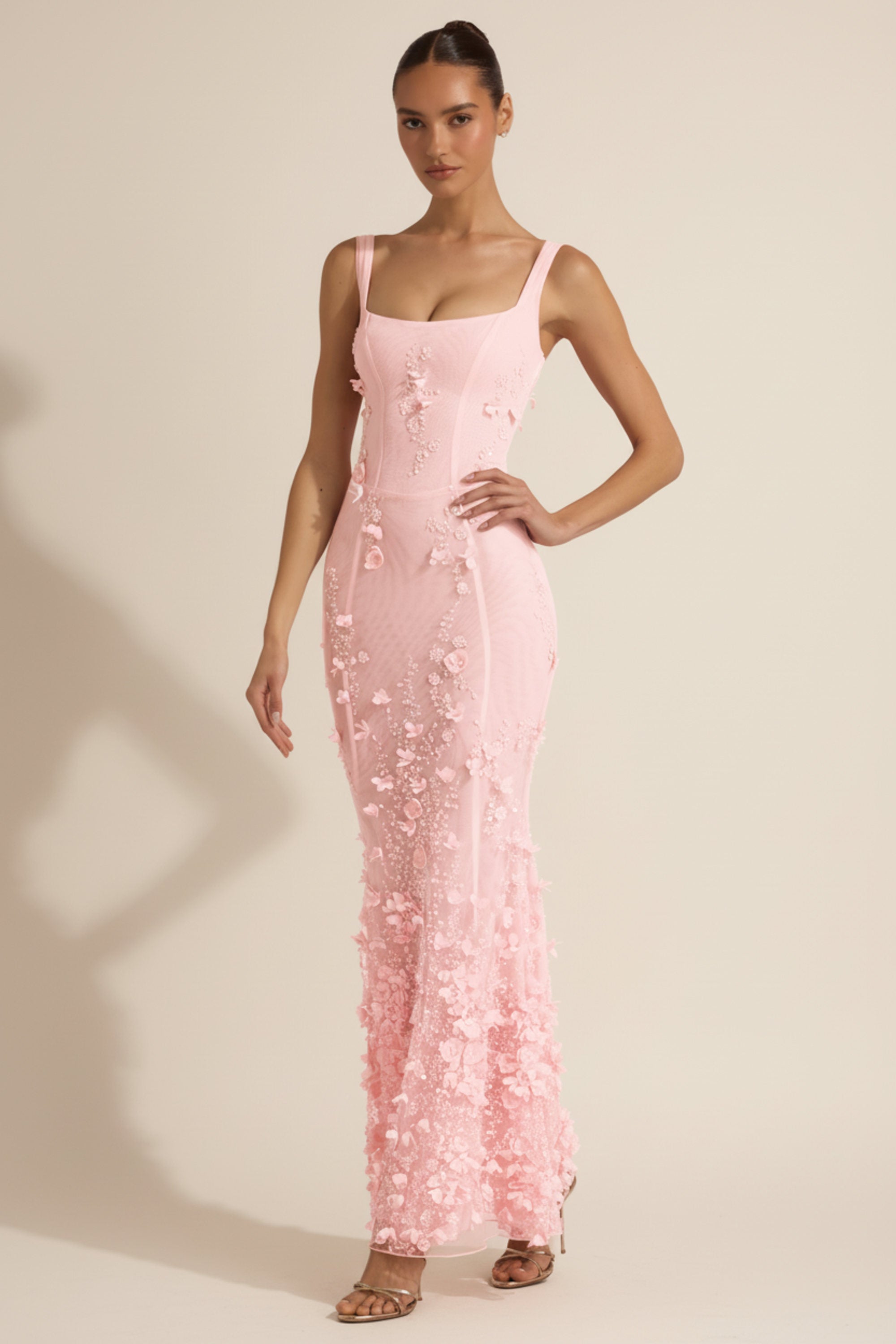 Embellished Appliqué Soft-Scoop Corset Gown in Peony