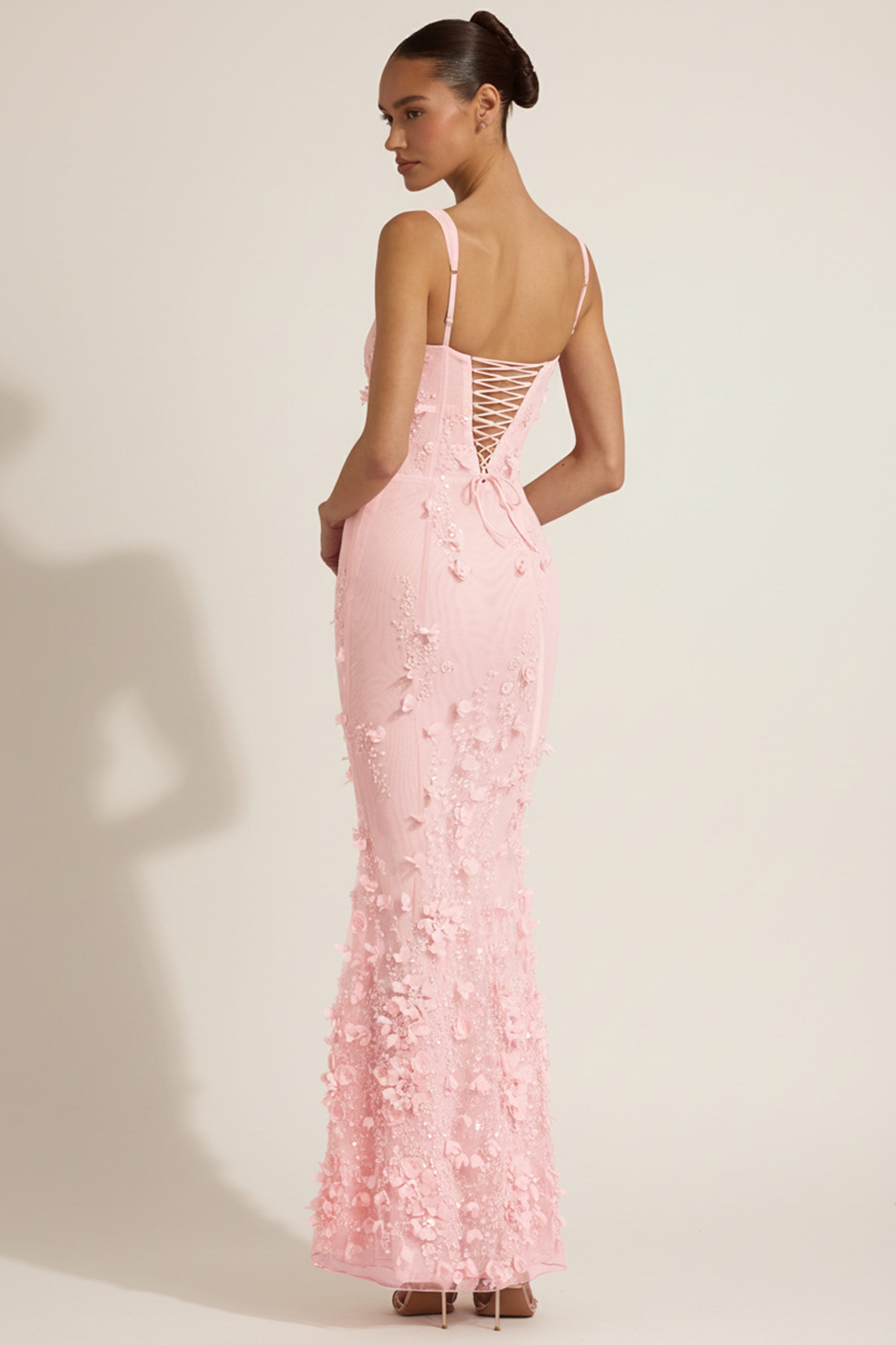 Embellished Appliqué Soft-Scoop Corset Gown in Peony