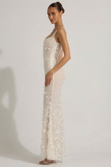 Embellished Appliqué Soft-Scoop Corset Gown in Snow