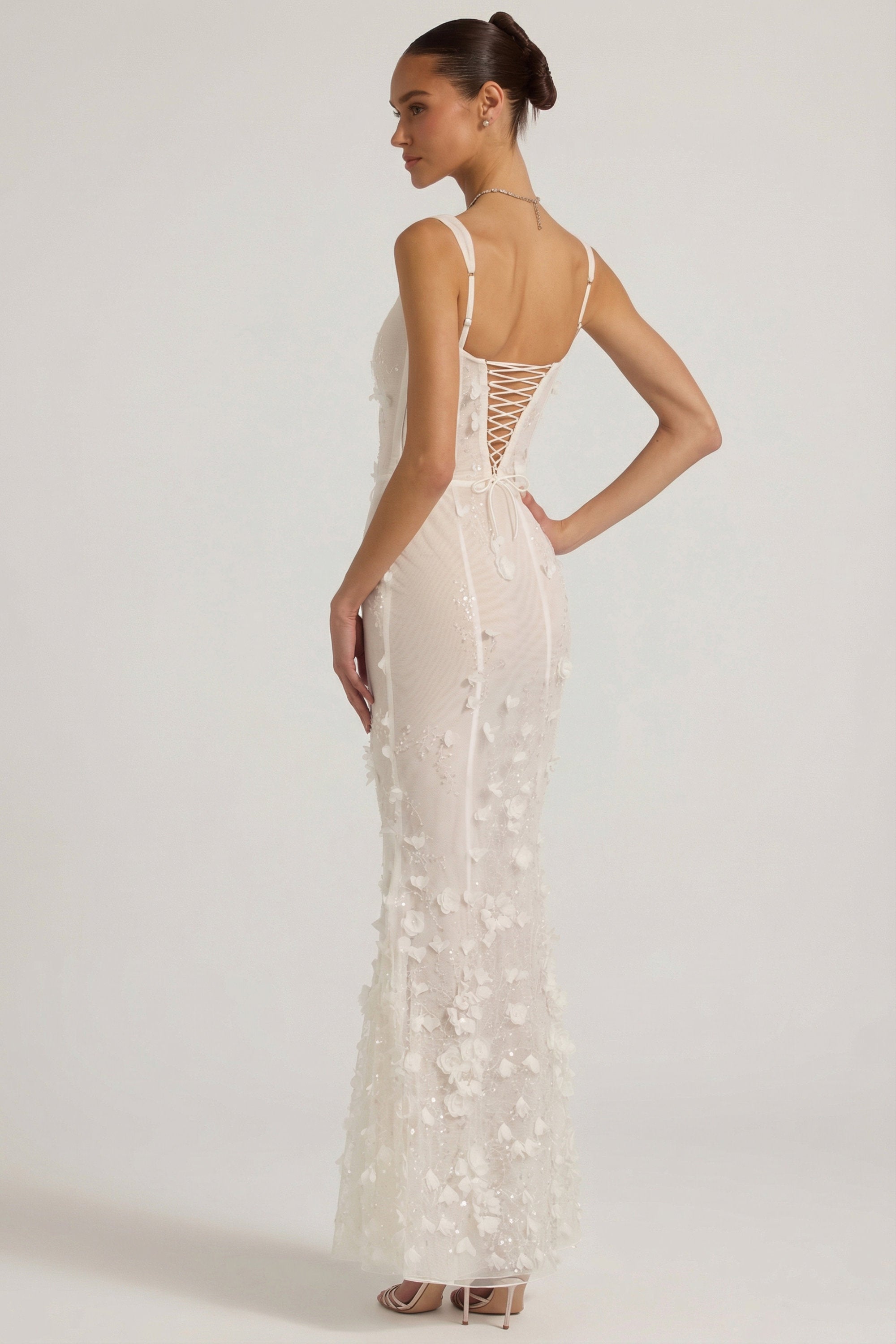 Embellished Appliqué Soft-Scoop Corset Gown in Snow