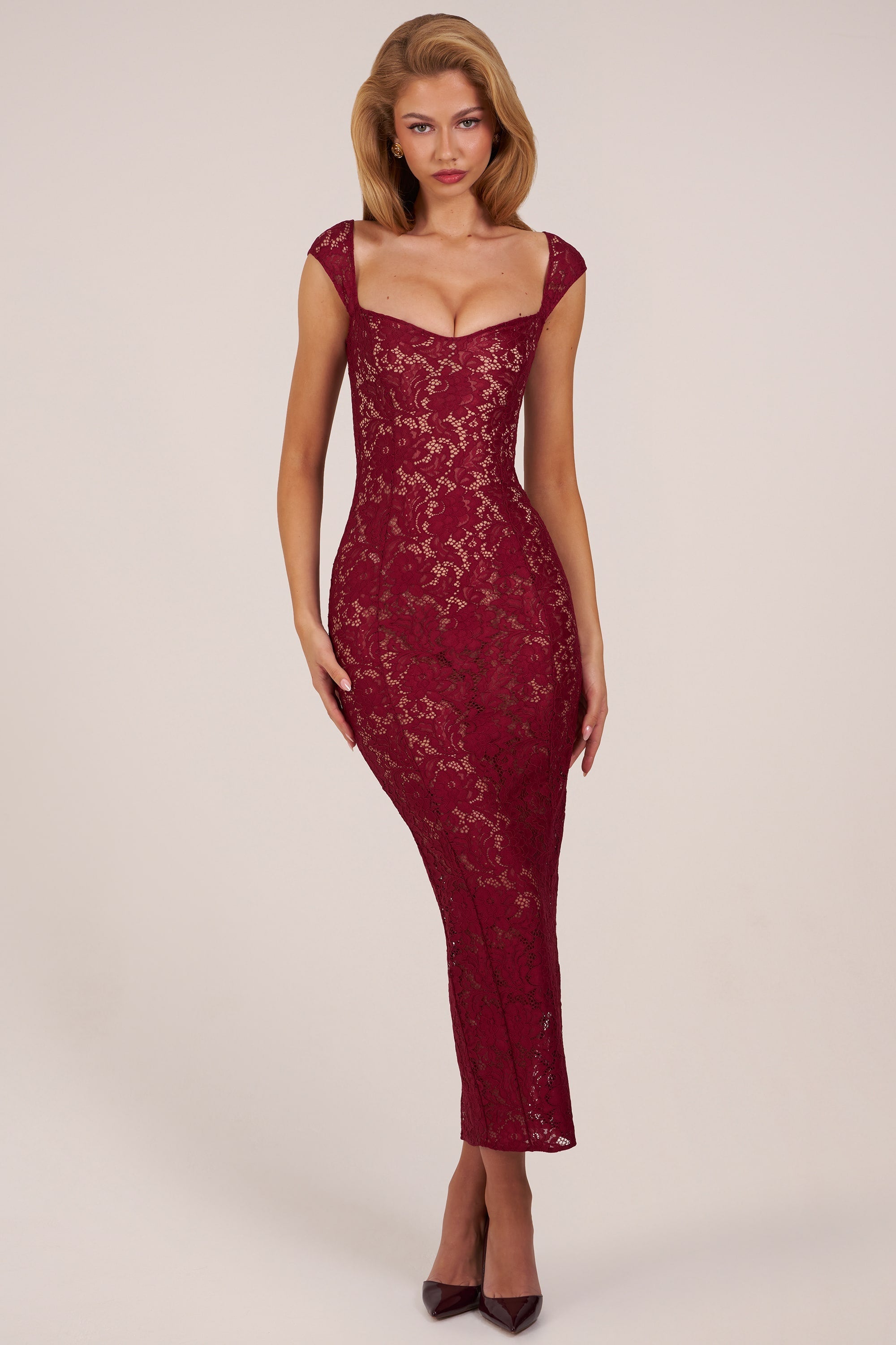 Sweetheart-Neck Maxi Dress in Wine