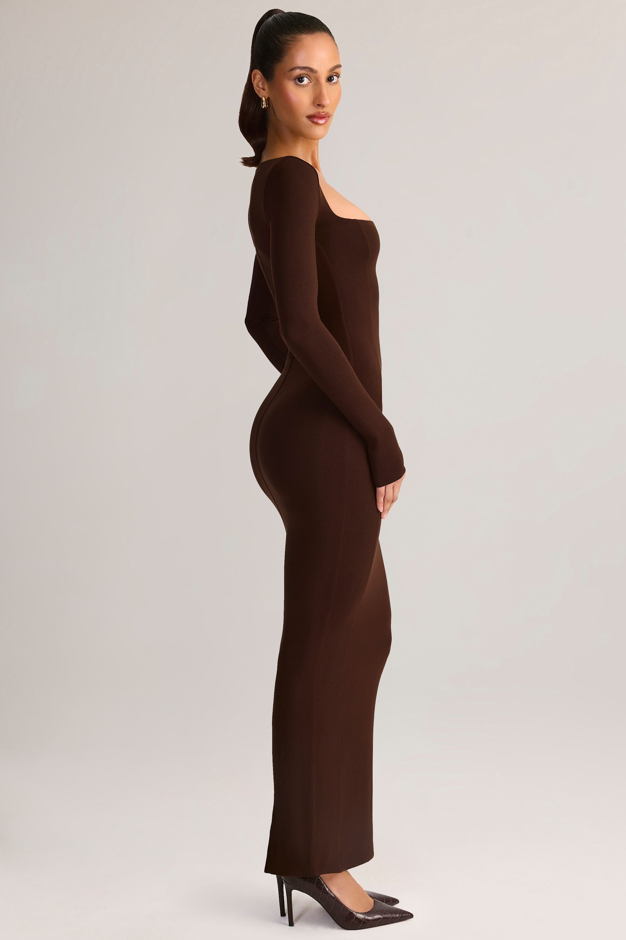 Modal Square-Neck Bodycon Maxi Dress in Chocolate Brown