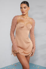 Long Sleeve Embellished A-line Mini Dress in Beige