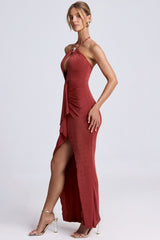 Hardware Detail Cut-Out Halterneck Maxi Dress in Sienna