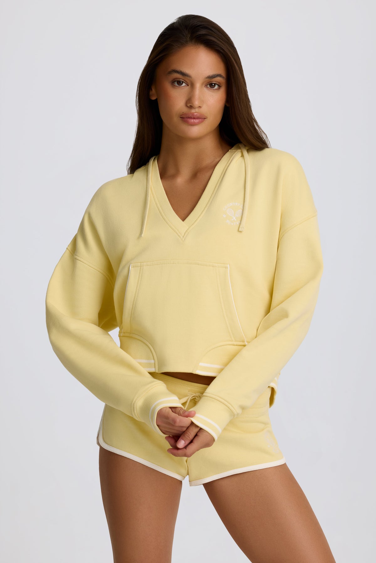 Cotton Jersey V-Neck Hoodie in Lemon