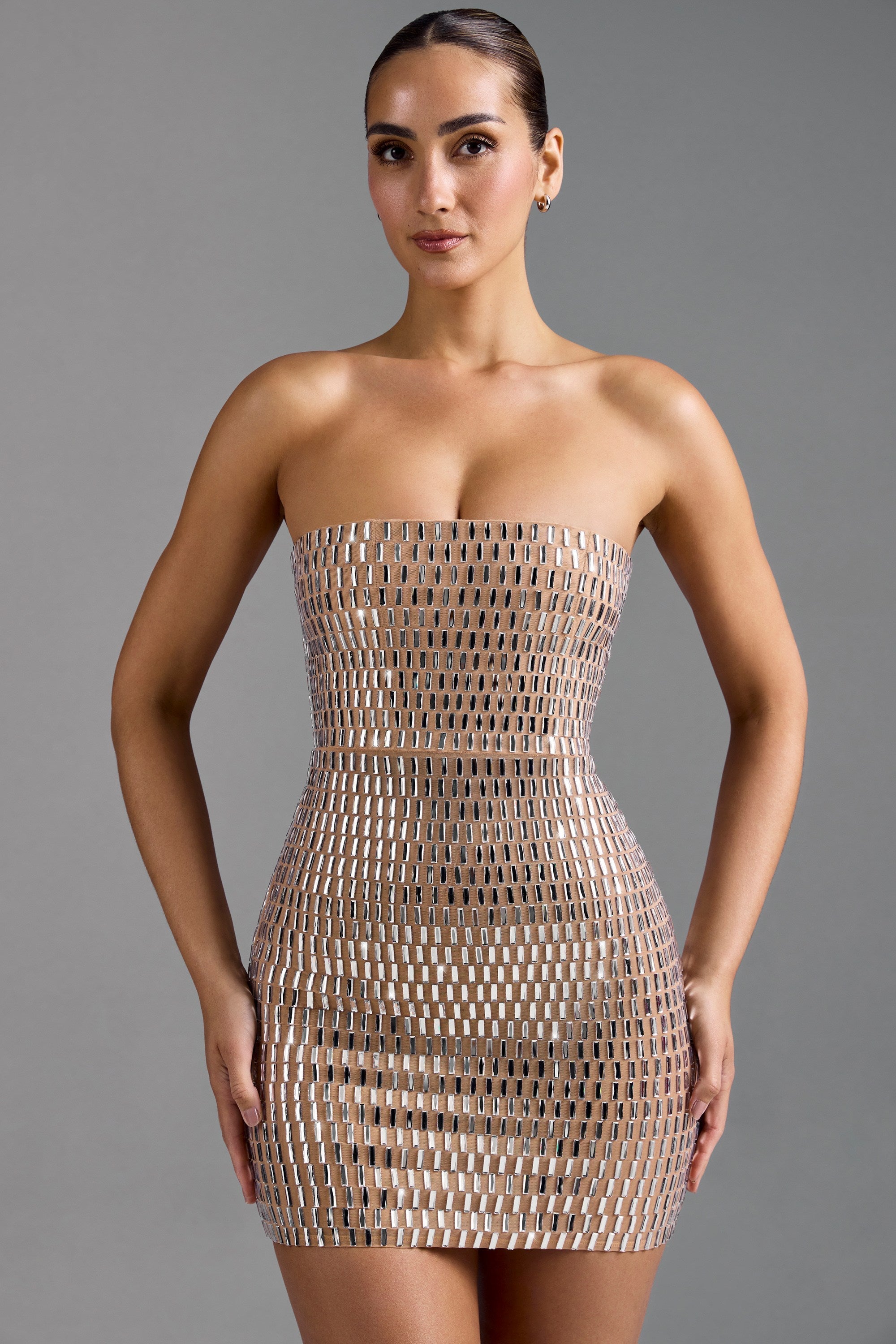 Embellished Bandeau Mini Dress in Honey