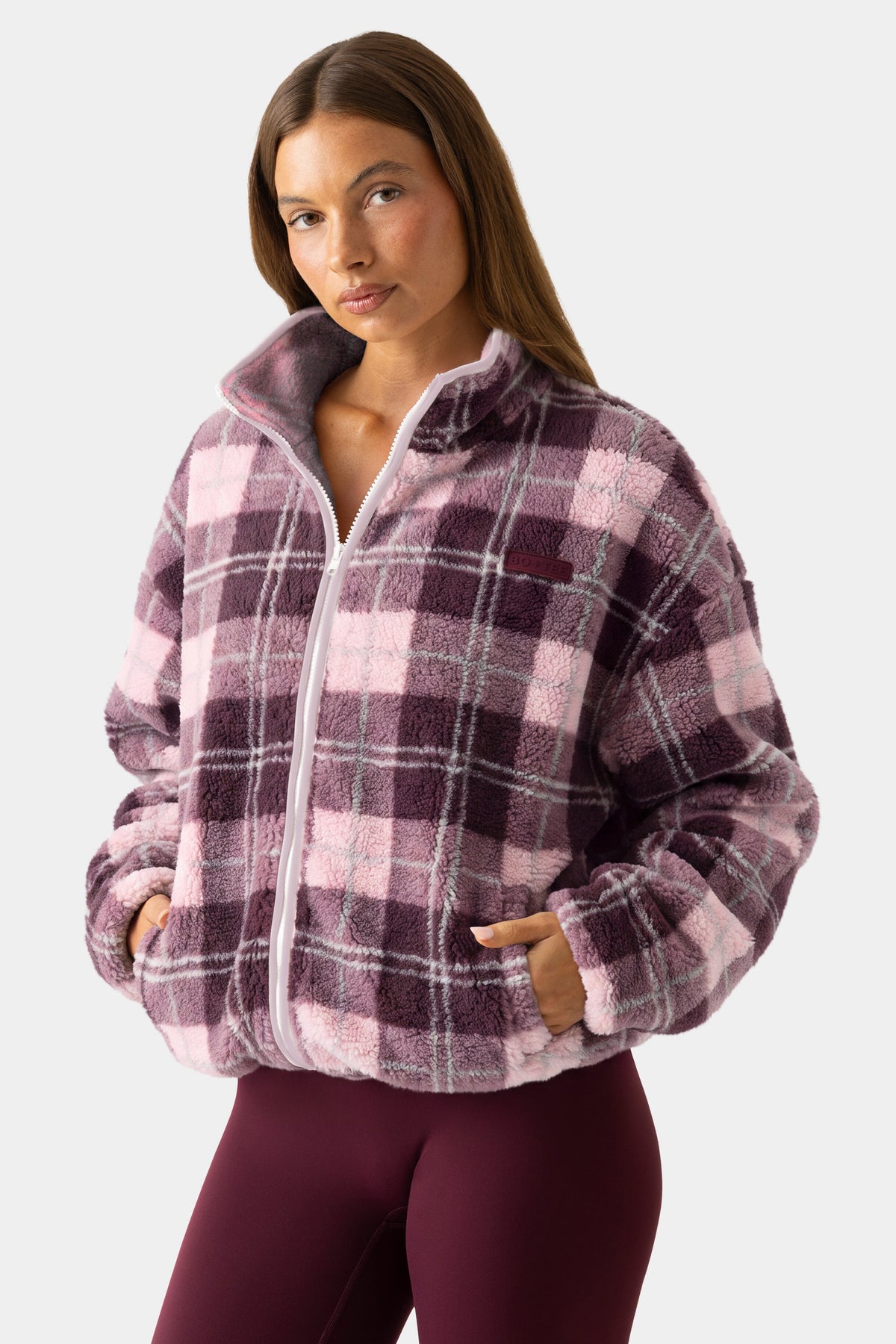 Oversized Zip-Up Fleece in Burgundy Plaid