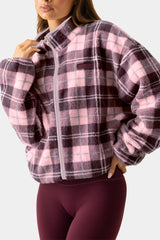 Oversized Zip-Up Fleece in Burgundy Plaid