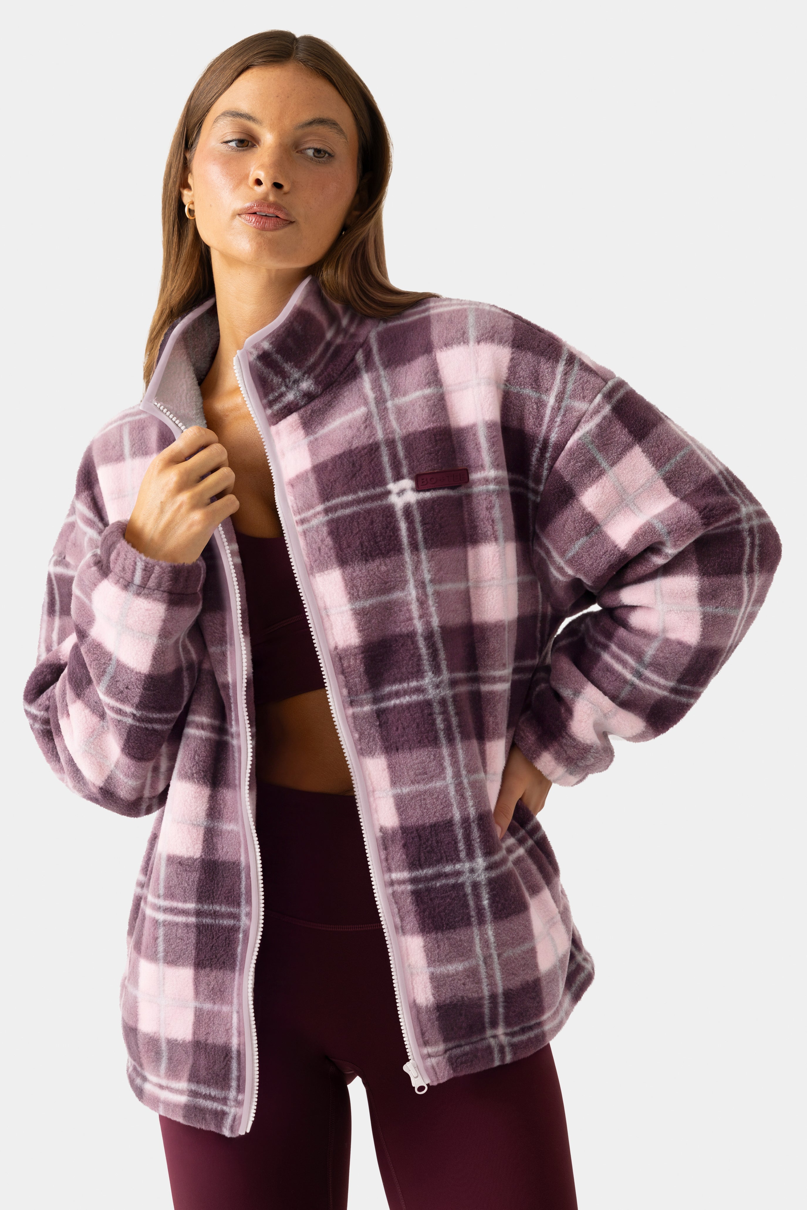 Oversized Zip-Up Fleece in Burgundy Plaid