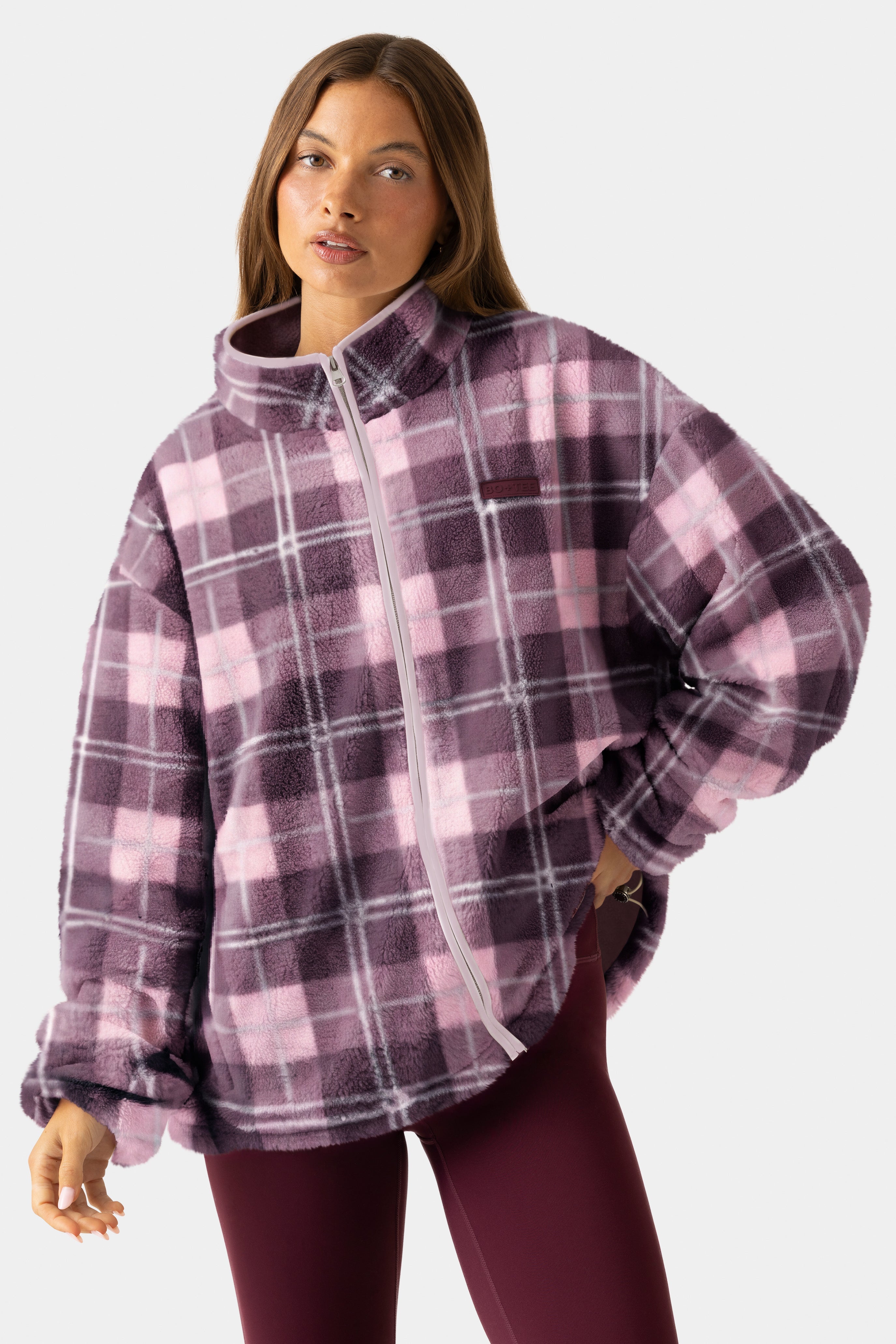 Oversized Zip-Up Fleece in Burgundy Plaid