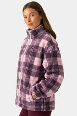 Oversized Zip-Up Fleece in Burgundy Plaid