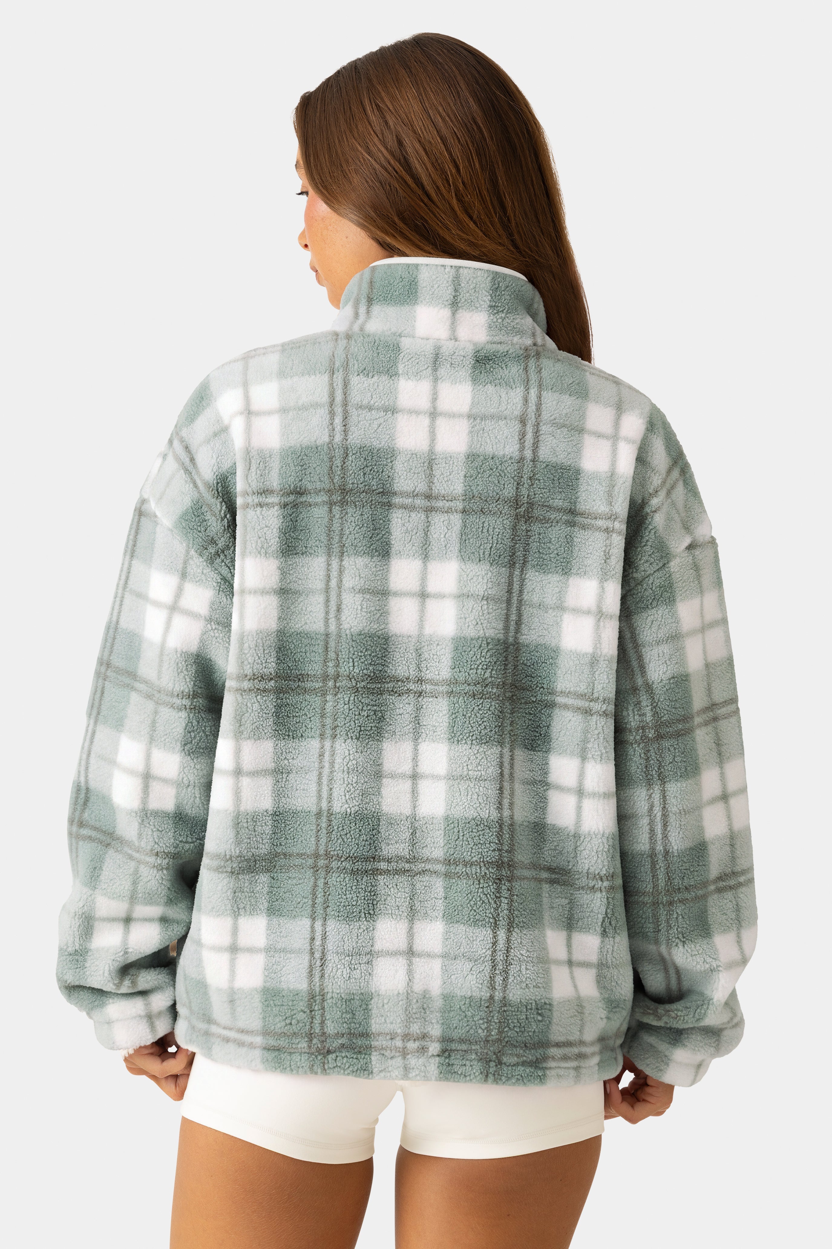 Oversized Zip-Up Fleece in Matcha Plaid