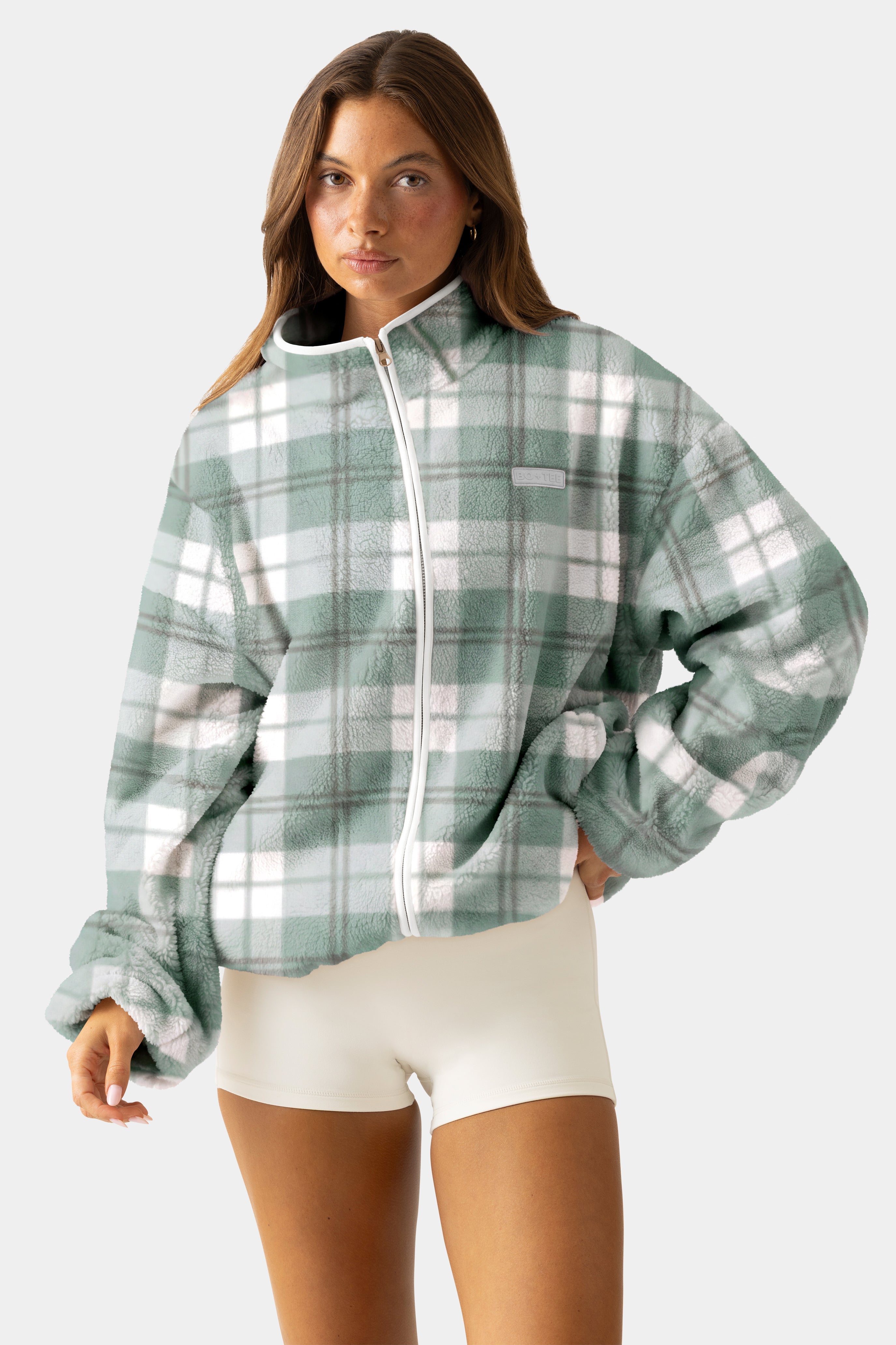 Oversized Zip-Up Fleece in Matcha Plaid