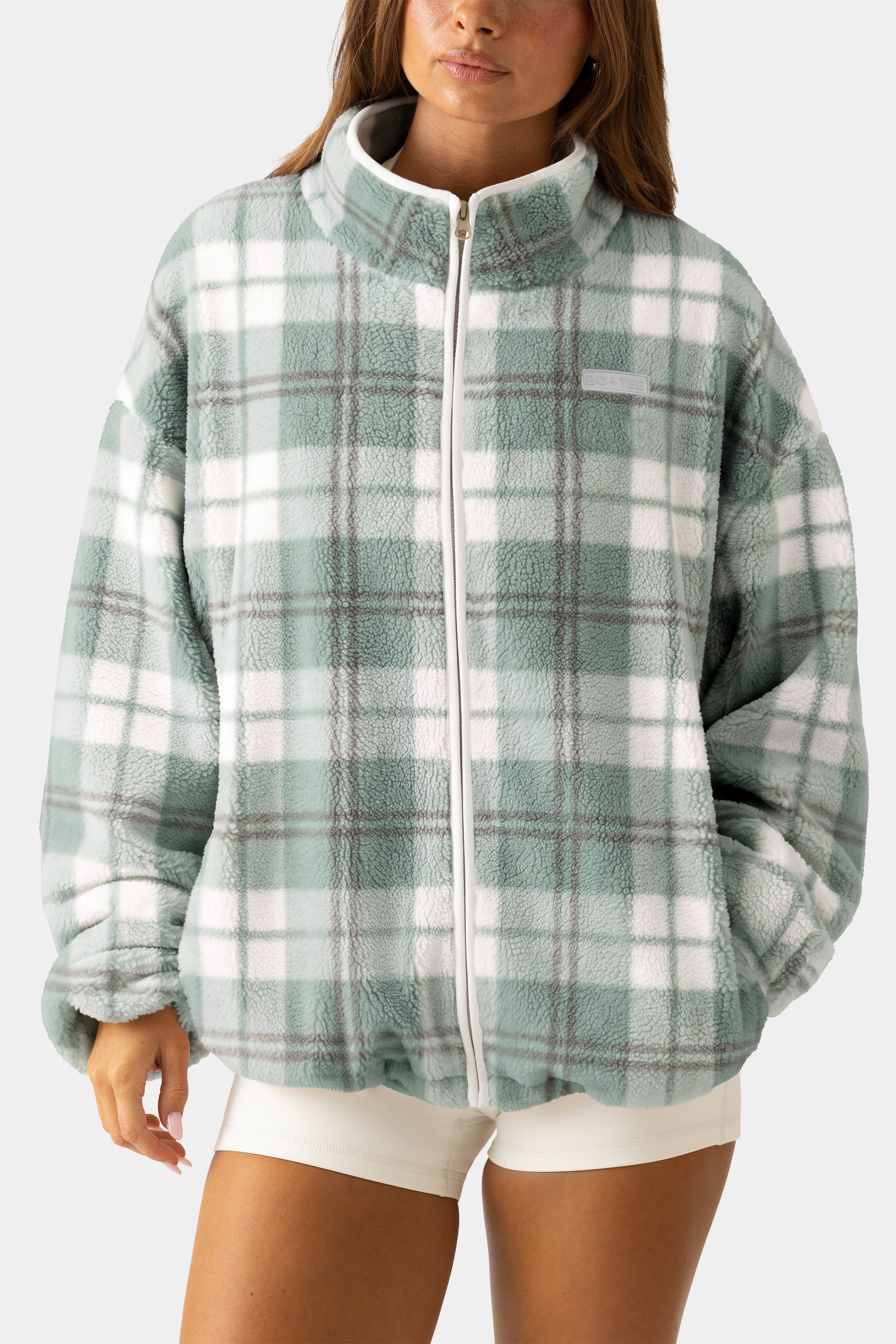 Oversized Zip-Up Fleece in Matcha Plaid